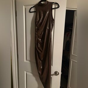 Sleek Brown Sleeveless Faux-Leather Dress